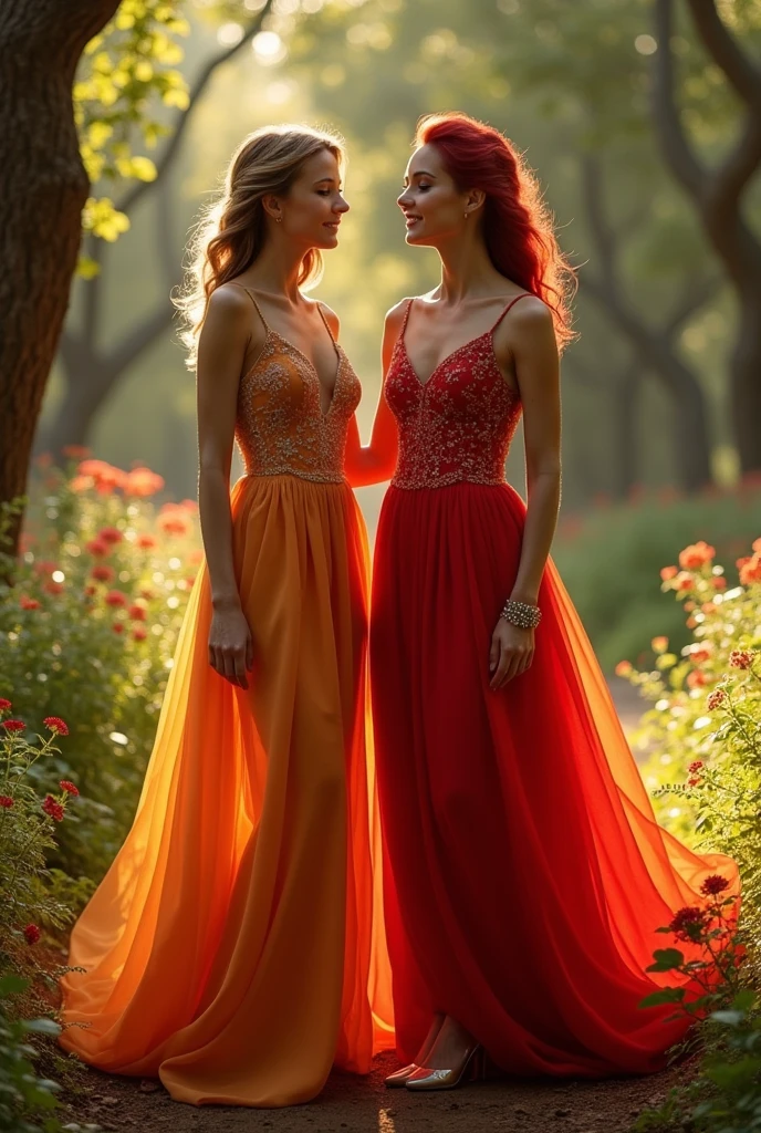 Mulher de cabelo marrom com vestido laranja luxuoso do tempo 2000-90-80, com outra mulher de cabelo vermelho pele branca com vestido luxuosa vermelho tempo 2000-90-80
Fundo ela estão em uma floresta