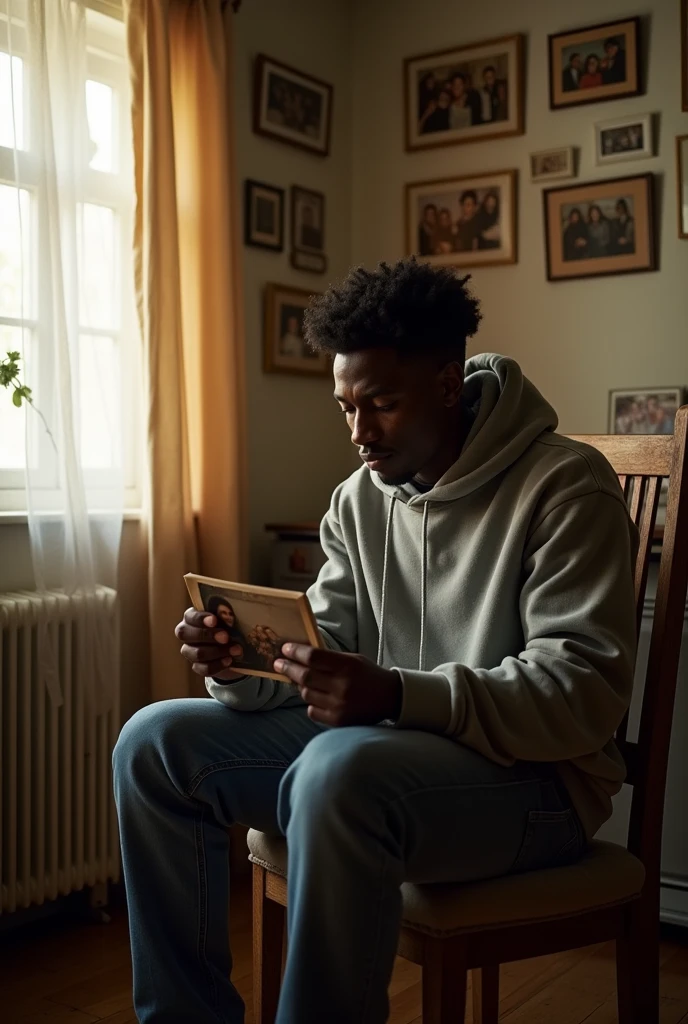 A young, dark-skinned man sadly looks at a photo with his old friends.