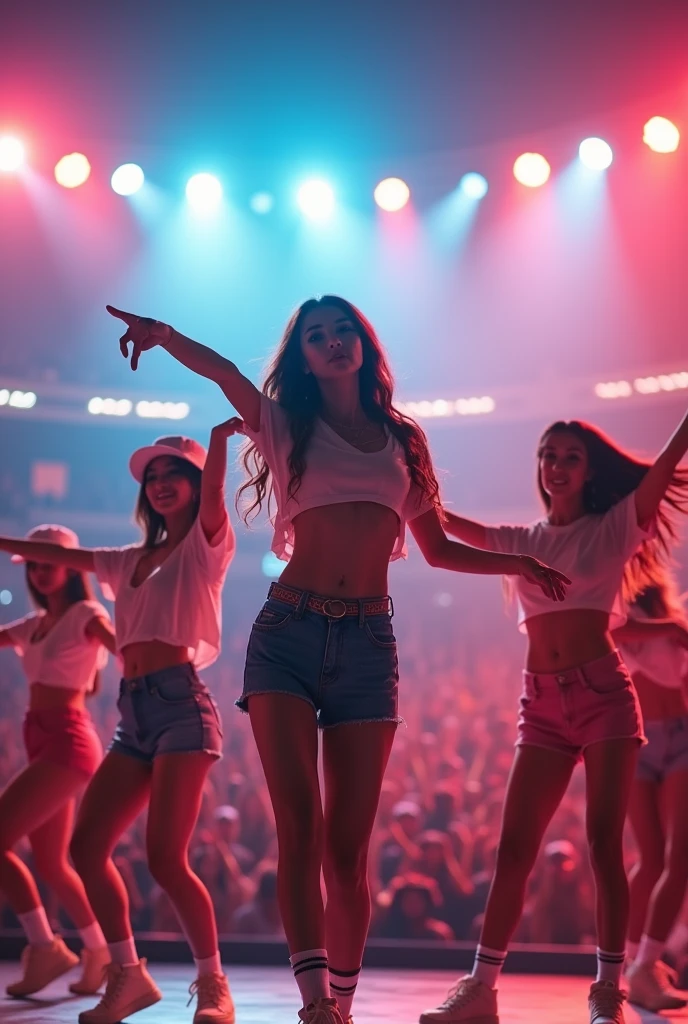 multi angle,realistic,8k,Beautiful multiple dark hiphop asian dance team girls, rock dancers estilo love dance team live, dancing and singing for her fans at the stadium