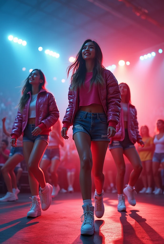 multi angle,realistic,8k,Beautiful multiple dark hiphop asian dance team girls, rock dancers estilo love dance team live, dancing and singing for her fans at the stadium