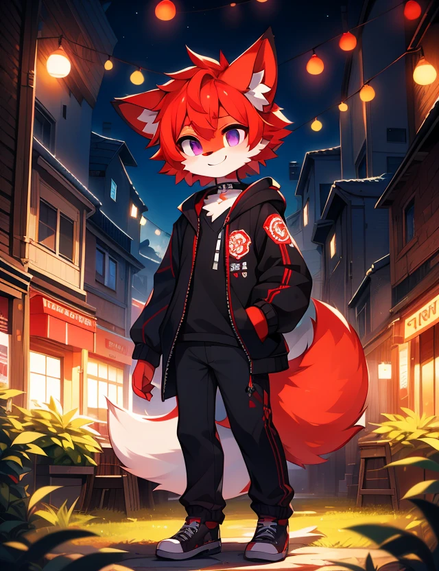 (Artist by zackary911, 8k, high quality, detailed eyes and fur, night, residents background), solo, male fox, anthro, red satured fur, red body, male body, purple eyes, black ears, red hair, short hair, hair cover eye, hands white, choker, eyeliner black, beige jacket, black shirt, alone, without group, without doubles, full length, completely complete everything. smiling, in the field