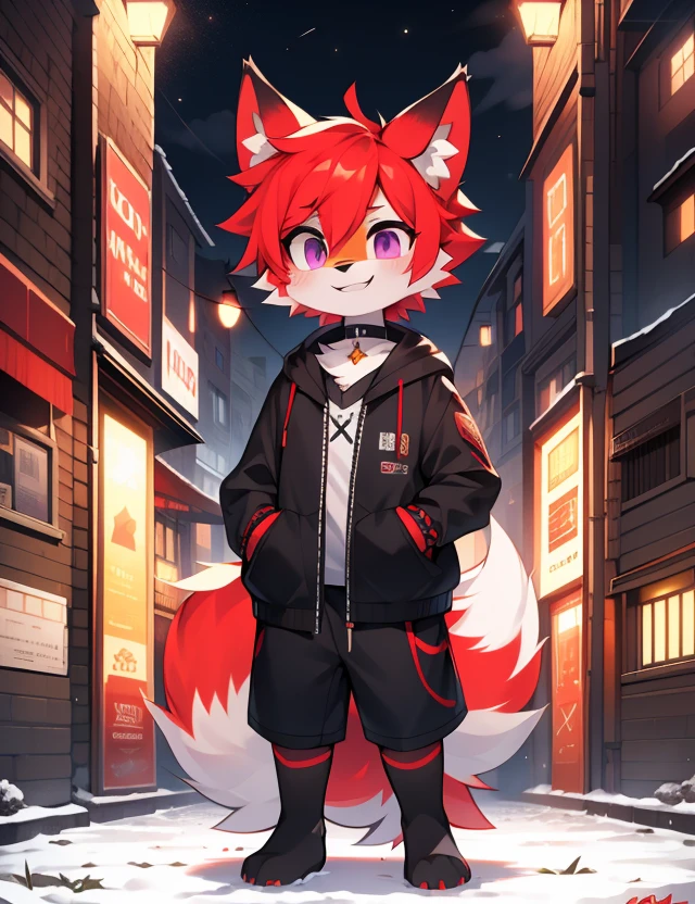 (Artist by zackary911, 8k, high quality, detailed eyes and fur, night, residents background), solo, male fox, anthro, red satured fur, red body, male body, purple eyes, black ears, red hair, short hair, hair cover eye, hands white, choker, eyeliner black, beige jacket, black shirt, alone, without group, without doubles, full length, completely complete everything. smiling, in the field
