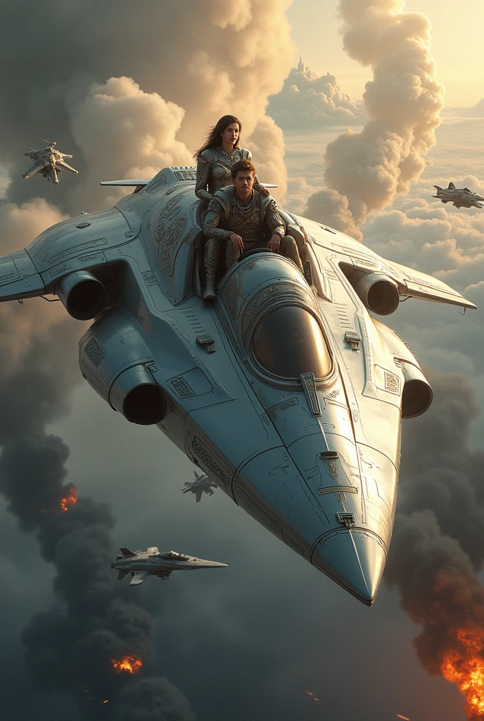 Human piloting an alien spaceship alongside a Pleiadian alien dressed as a futuristic warrior on Earth at war