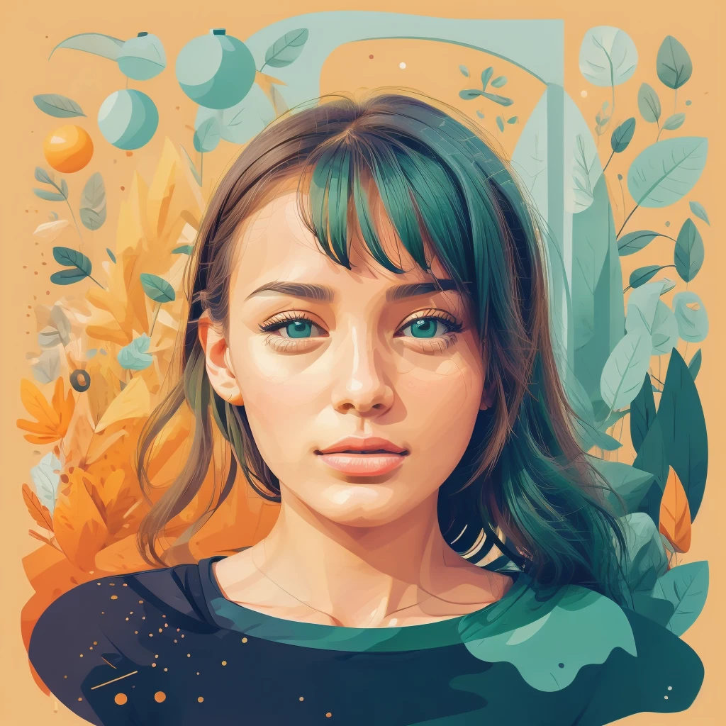 Abstract summer, minimal, vector, a combination of natural and geometric, two-dimensional, more than using the 9ea856 tone color code and mustard palette, Dark Medium Gray green, dark mustard pastel color, using very little dark green warm colors with mixed tones. With green and mustard, the face of a girl over 20 years old randomly looks in different directions except facing, the face should be minimal and abstract, the face should not be realistic and photo and should be a combination of background, geometric and abstract cubism style, different styles Face, Dark Gray green