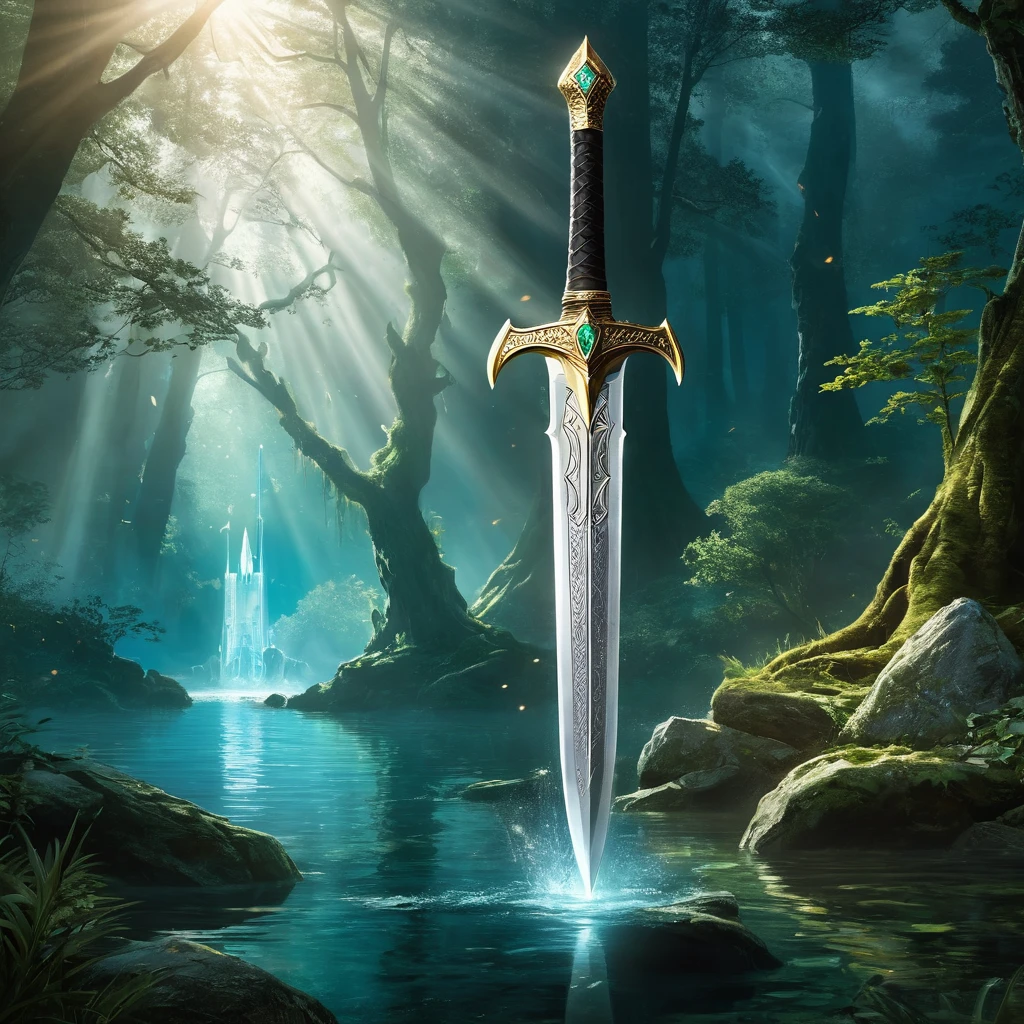 "Craft a breathtaking and iconic portrayal of Excalibur, the legendary sword of King Arthur. Showcase Excalibur in its most mythic form—either embedded in an ancient stone or emerging from the mystical waters of a serene, enchanted lake. The sword should be exquisitely detailed, with a gleaming, almost ethereal blade and a hilt adorned with intricate runes and precious jewels, exuding a sense of royal power and destiny. The surrounding environment should amplify the sword's legendary status, featuring a mist-shrouded forest with towering, ancient trees or the tranquil waters of a sacred lake, reflecting the first light of dawn. Illuminate the scene with a soft, otherworldly glow, casting Excalibur in a radiant aura that hints at its divine origin. Incorporate subtle, magical elements—like a ghostly hand reaching from the water or faint, enchanted symbols hovering in the air—to evoke the deep lore of Arthurian legend and the timeless power of the sword. The overall atmosphere should resonate with grandeur, mysticism, and the weight of epic destiny."