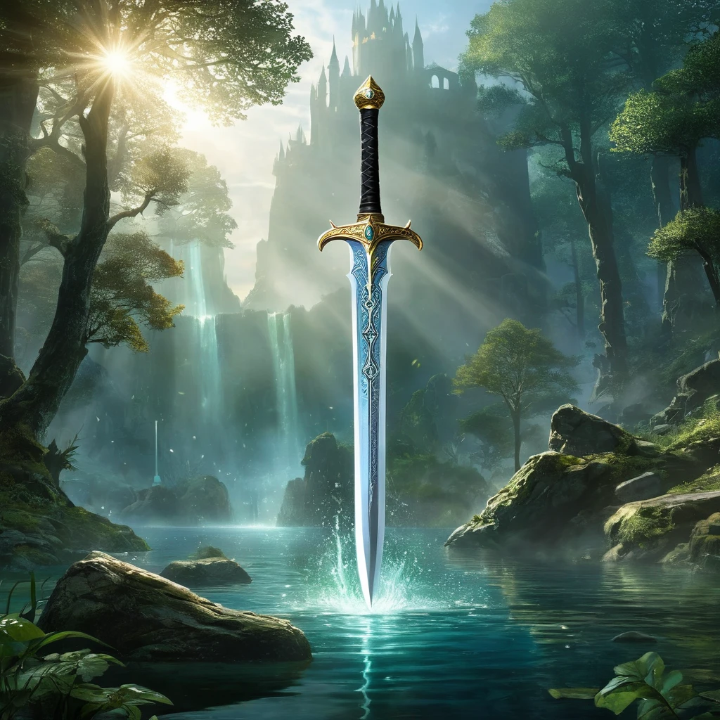 "Craft a breathtaking and iconic portrayal of Excalibur, the legendary sword of King Arthur. Showcase Excalibur in its most mythic form—either embedded in an ancient stone or emerging from the mystical waters of a serene, enchanted lake. The sword should be exquisitely detailed, with a gleaming, almost ethereal blade and a hilt adorned with intricate runes and precious jewels, exuding a sense of royal power and destiny. The surrounding environment should amplify the sword's legendary status, featuring a mist-shrouded forest with towering, ancient trees or the tranquil waters of a sacred lake, reflecting the first light of dawn. Illuminate the scene with a soft, otherworldly glow, casting Excalibur in a radiant aura that hints at its divine origin. Incorporate subtle, magical elements—like a ghostly hand reaching from the water or faint, enchanted symbols hovering in the air—to evoke the deep lore of Arthurian legend and the timeless power of the sword. The overall atmosphere should resonate with grandeur, mysticism, and the weight of epic destiny."