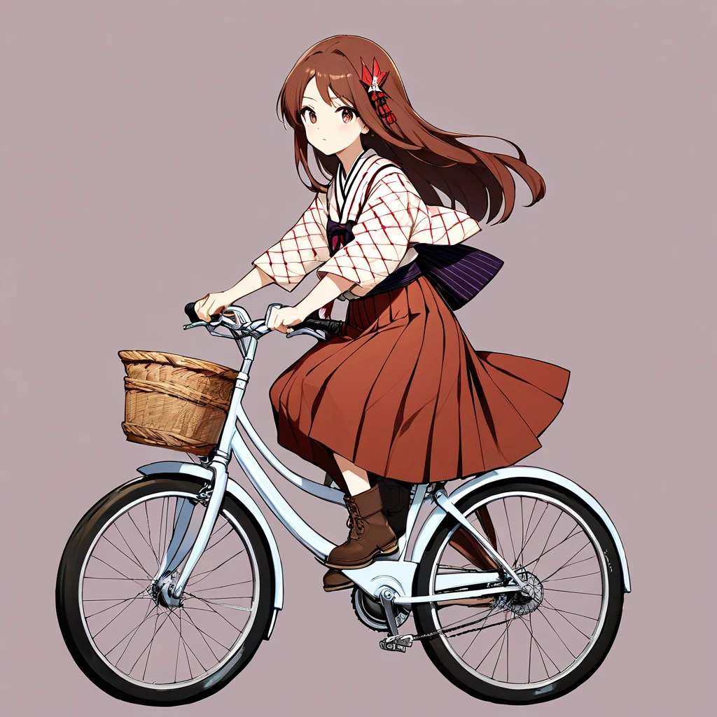 1girl, solo, full body, Riding a Bicycle, brown long hair, Red bow hair accessory, Purple arrowhead pattern with Reddish brown hakama, boots, Female students in the Taisho period, simple background, [Haikara san ga Tooru]