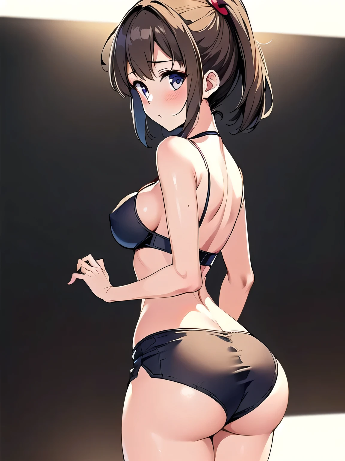 all intricate details, realistic anime, slim buidl, character: andrea in a uniform consisting of an unbuttoned blouse with a wide neckline showing a bra and thong under a cowboy mini skirt, She is a girl with a large but firm and rounded bust with covered nipples, She likes sexy poses, Open legs and rounded and firm butt like her heroine Sailor Moon, Leaning forward, slightly lifting her miniskirt, you can see her buttocks, ((solo 1 girl view)), white background, rear side lighting, full body shot, Sexy front angle,