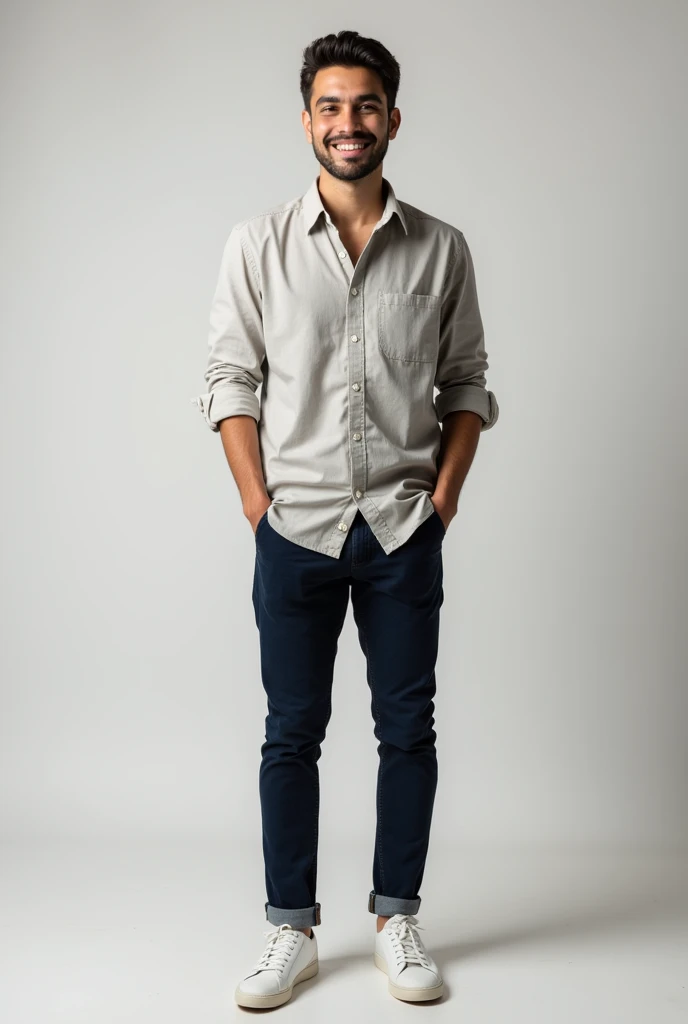 A well-lit photo, com um fundo neutro, where a young man is smiling and conveying friendliness and professionalism. Dressed casually, most suitable, as if they were in a work meeting.