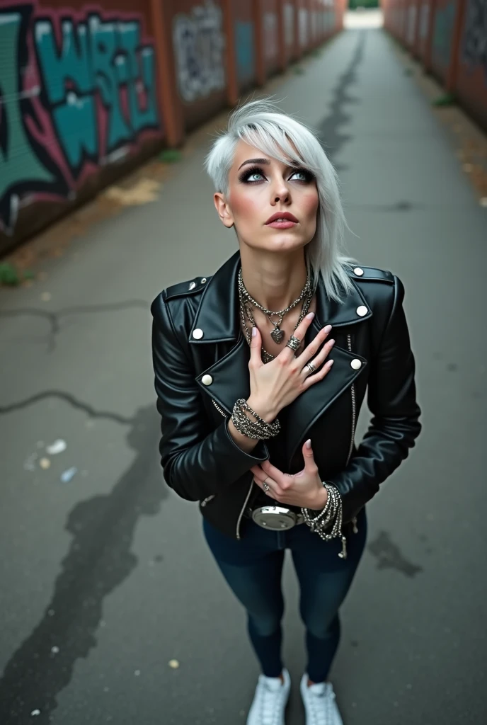 russian milf woman, biker gang member, grey hair (quiff with shaved sides), with very light blue eyes, extremely pale, heavy eye shadows. Thin. Sad face, smeared excessive make up and lipstick. Wearing black moto jacket, cropped t-shirt with devil logo, piercing in belly button, skinny blue jeans and white tennis sneakers . Lots of metallic bracelets and pendants. Tacky leather belt with oversized, excessive silver buckle. Hands touching her heart, kneeling in the street. Wide loop earrings. Looks up like talking to God, mouth and eyes open