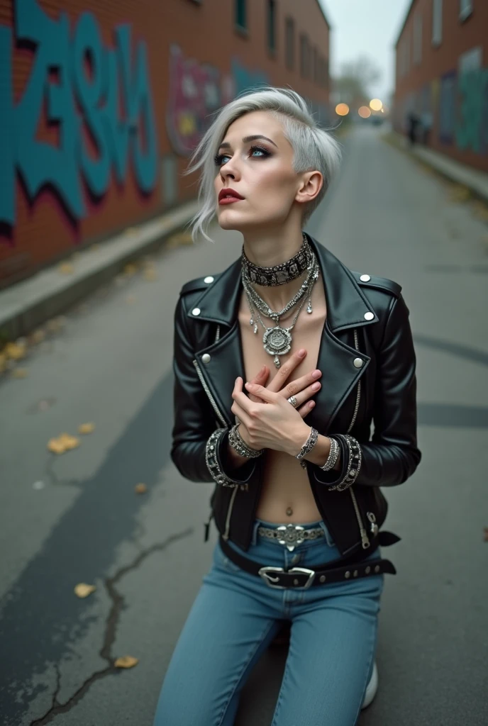 russian milf woman, biker gang member, grey hair (quiff with shaved sides), with very light blue eyes, extremely pale, heavy eye shadows. Thin. Sad face, smeared excessive make up and lipstick. Wearing black moto jacket, cropped t-shirt with devil logo, piercing in belly button, skinny blue jeans and white tennis sneakers . Lots of metallic bracelets and pendants. Tacky leather belt with oversized, excessive silver buckle. Hands touching her heart, kneeling in the street. Wide loop earrings. Looks up like talking to God, mouth and eyes open