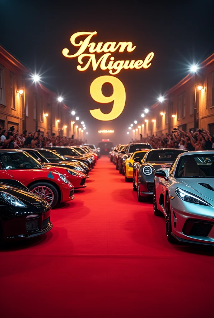 Make me a text with cars that says Juan Miguel and that has the number 9 underneath like for a celebrity
