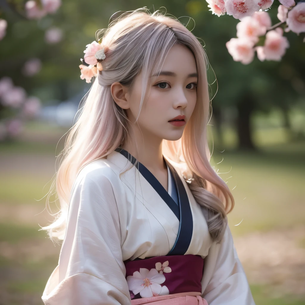 Surreal, Very detailed, High resolution 16K images, A beautiful female ghost or guardian spirit. She has pale pink hair and clear skin.., She is wearing a traditional Japanese kimono with a small cherry blossom pattern on the obi.。.。. This image captures the mystical beauty and mystery of the spirit world..。. This style is delicate, The gentle aesthetics of traditional Japanese art.
