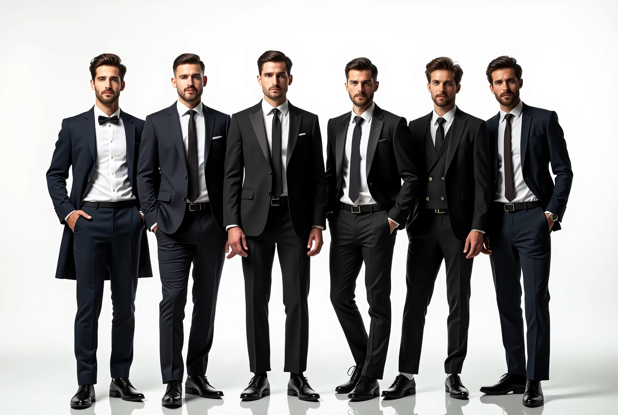 poster of men wearing suits ,elegant , class , models ,full body , white bacjground , photoshooting