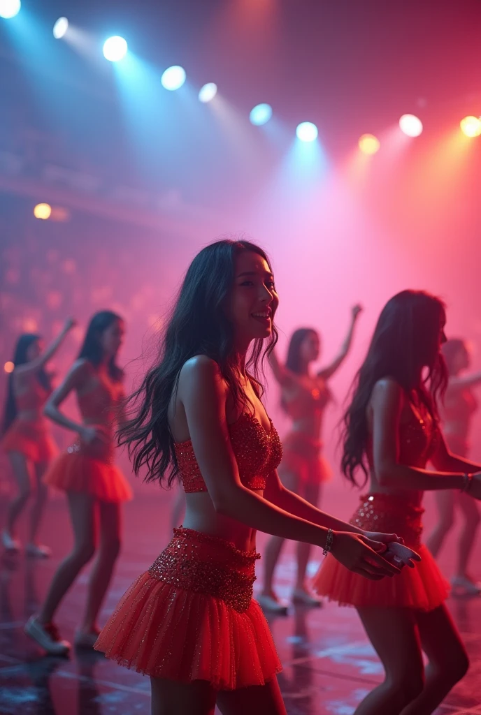 multi zoom up angle,realistic,8k,Beautiful multiple dark hiphop asian dance team girls, rock dancers estilo love dance team live, dancing and singing for her fans at the stadium