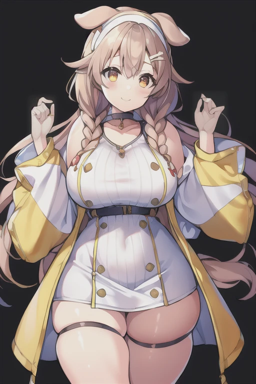 1girl, Korone, smile, dog ears, twin braids, sidelocks, hair ornament, ((white dress)), jacket, yellow jacket, jacket, open clothes, open jacket, dress, short dress, sleeveless dress, huge breasts, wide hips, thick thighs, tall, tall female, mature female, bandana, scarf, hourglass figure, standing, ((mature female)),