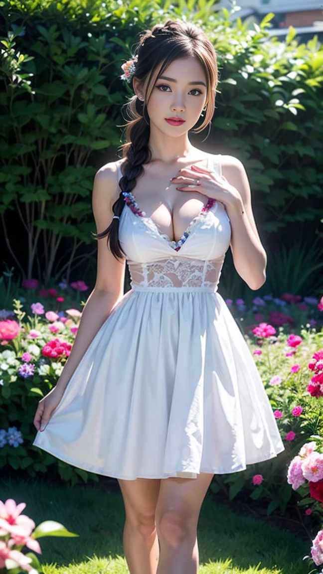 Highest quality, 8,000 women, Displaying the viewer, French Braid Hair , Flower Holter Dress, Cleavage, Garden Landscape Design, (Rim Light)