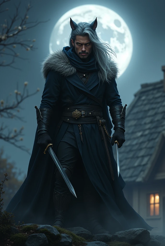 Draw a male character from Dungeons & Young dragons, of half-elf race, with brown skin, yellow eyes and gray hair, wearing black clothing and a hood with wolf fur. Standing on the roof of a house on a moonlit night, holding two daggers in a crossed position.
