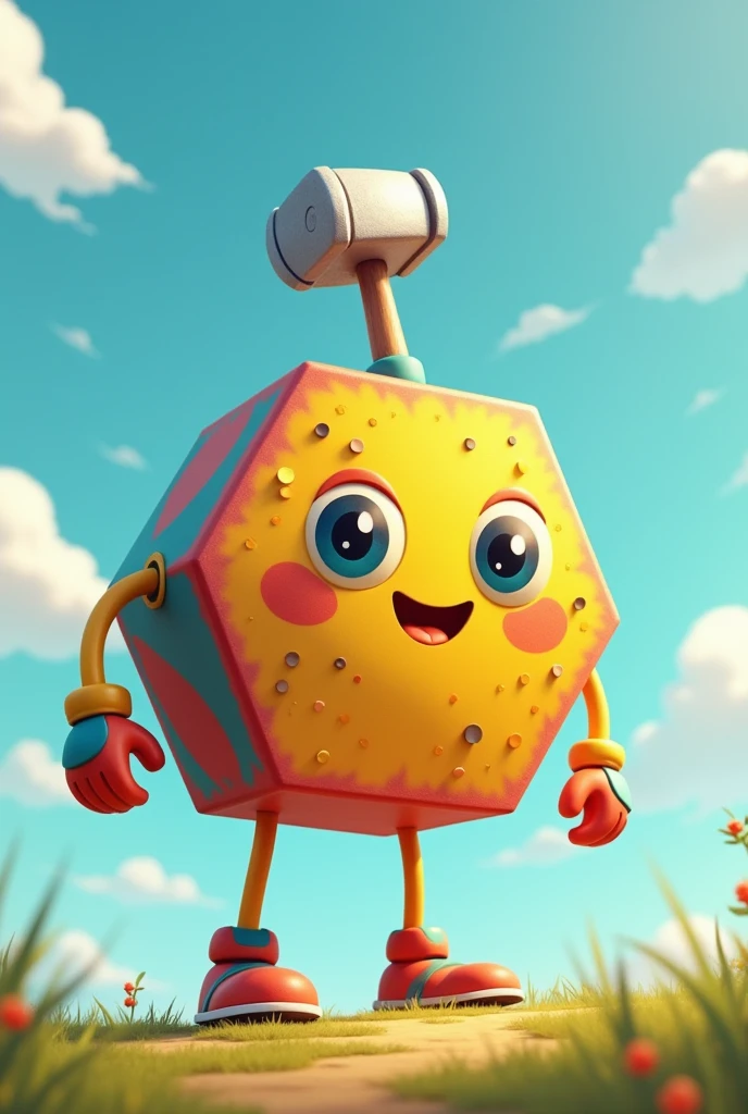 Hexagon with arms and legs with the flat part with a silver hammer on top of the head