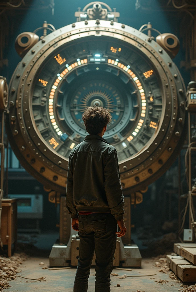 A young brunette man observes a time machine that is in front of him ...