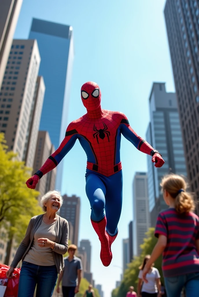 A man wearing a Spiderman costume is helping people.