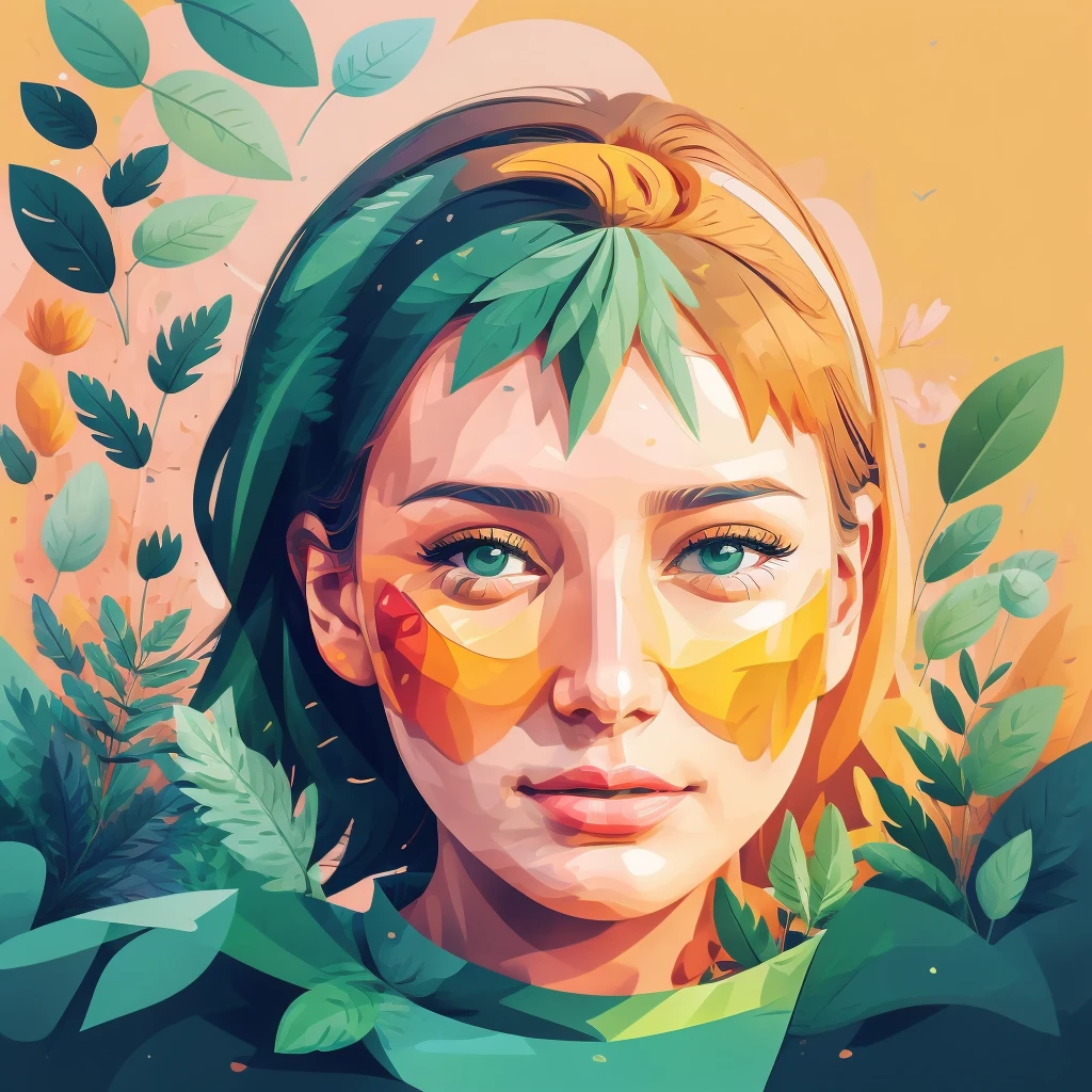 Abstract summer, minimal, vector, a combination of natural and geometric, two-dimensional, more than using the color code 9ea856 tones and mustard palette, Dark Medium Gray green, the face of a girl over 20 years old, the girl does not look in front, the face should It should be minimal and abstract, the face should not be realistic or a photo and should be a combination of the background, dark mustard pastel color, the use of warm dark green colors very little with tones mixed with green and mustard, geometric and abstract cubism style, different face styles, Dark Gray green