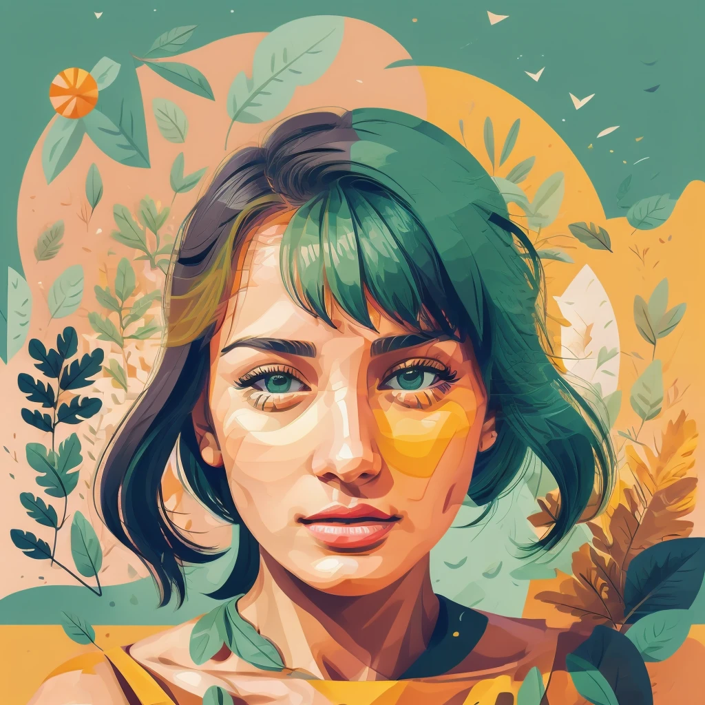 Abstract summer, minimal, vector, a combination of natural and geometric, two-dimensional, more than using the color code 9ea856 tones and mustard palette, Dark Medium Gray green, the face of a girl over 20 years old, the girl does not look in front, the face should It should be minimal and abstract, the face should not be realistic or a photo and should be a combination of the background, dark mustard pastel color, the use of warm dark green colors very little with tones mixed with green and mustard, geometric and abstract cubism style, different face styles, Dark Gray green