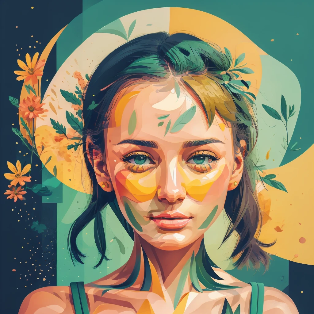 Abstract summer, minimal, vector, a combination of natural and geometric, two-dimensional, more than using the color code 9ea856 tones and mustard palette, Dark Medium Gray green, the face of a girl over 20 years old, the girl does not look in front, the face should It should be minimal and abstract, the face should not be realistic or a photo and should be a combination of the background, dark mustard pastel color, the use of warm dark green colors very little with tones mixed with green and mustard, geometric and abstract cubism style, different face styles, Dark Gray green