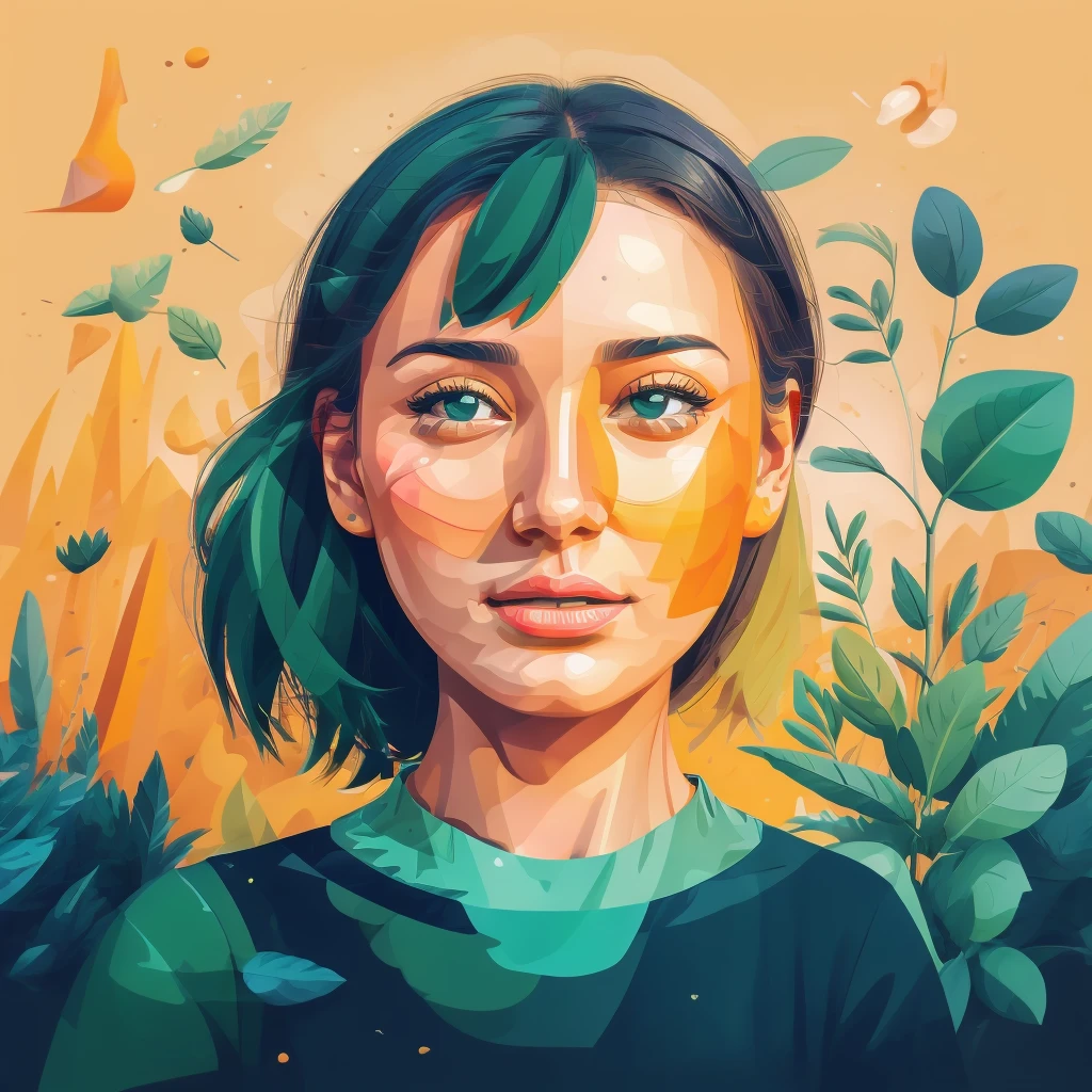 Abstract summer, minimal, vector, a combination of natural and geometric, two-dimensional, more than using the color code 9ea856 tones and mustard palette, Dark Medium Gray green, the face of a girl over 20 years old, the girl does not look in front, the face should It should be minimal and abstract, the face should not be realistic or a photo and should be a combination of the background, dark mustard pastel color, the use of warm dark green colors very little with tones mixed with green and mustard, geometric and abstract cubism style, different face styles, Dark Gray green