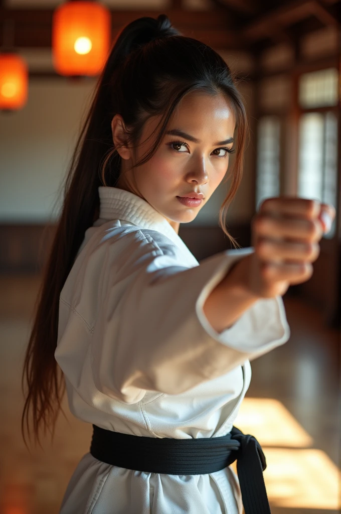 Create an image of someone who looks like Danielle Rose Russell, but she is practicing karate. 