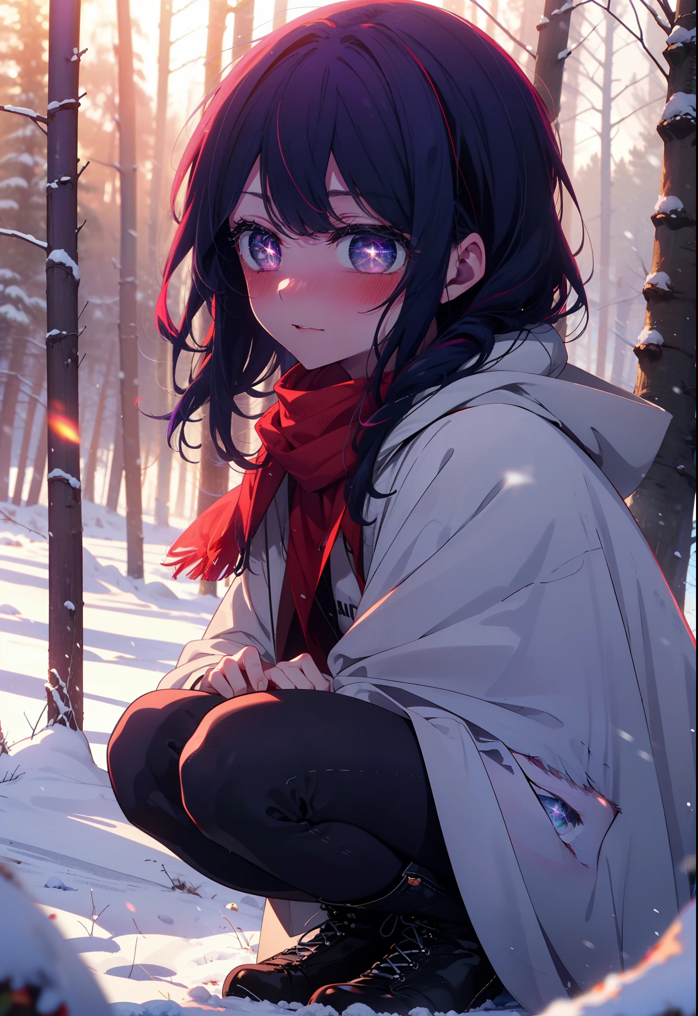 aihoshino, Ai Hoshino, Long Hair, bangs, (Purple eyes:1.1), Purple Hair, (Symbol-shaped pupil:1.5), smile,,smile,blush,white breath,
Open your mouth,snow,Ground bonfire, Outdoor, boots, snowing, From the side, wood, suitcase, Cape, Blurred, , forest, White handbag, nature, Squat, Mouth closed, Cape, winter, Written boundary depth, Black shoes, red Cape break looking at viewer, Upper Body, whole body, break Outdoor, forest, nature, break (masterpiece:1.2), Highest quality, High resolution, unity 8k wallpaper, (shape:0.8), (Beautiful and beautiful eyes:1.6), Highly detailed face, Perfect lighting, Extremely detailed CG, (Perfect hands, Perfect Anatomy),