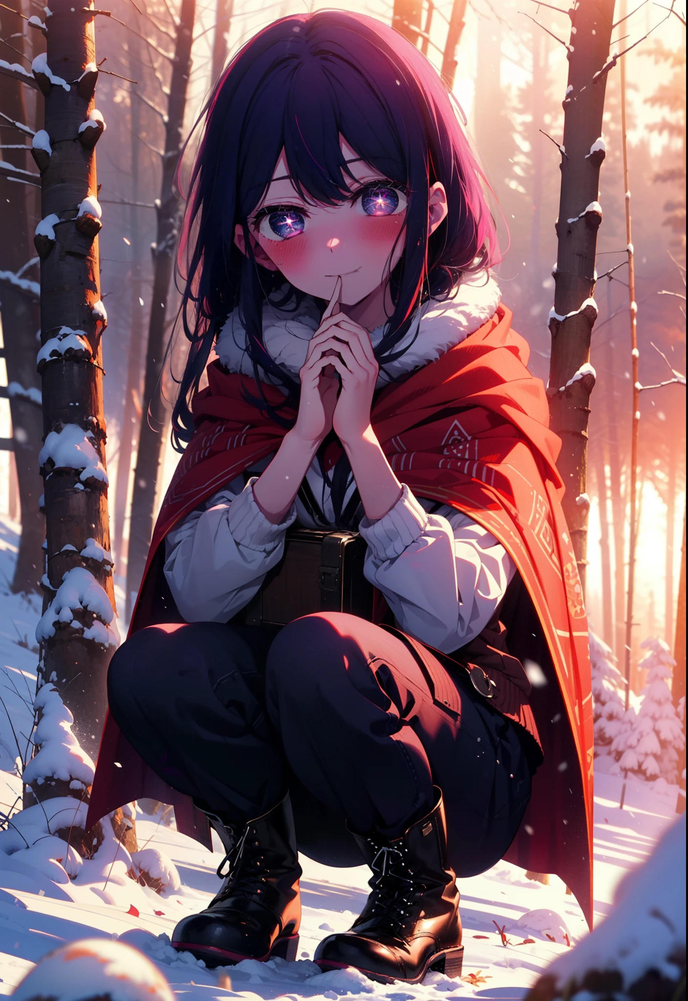 aihoshino, Ai Hoshino, Long Hair, bangs, (Purple eyes:1.1), Purple Hair, (Symbol-shaped pupil:1.5), smile,,smile,blush,white breath,
Open your mouth,snow,Ground bonfire, Outdoor, boots, snowing, From the side, wood, suitcase, Cape, Blurred, , forest, White handbag, nature, Squat, Mouth closed, Cape, winter, Written boundary depth, Black shoes, red Cape break looking at viewer, Upper Body, whole body, break Outdoor, forest, nature, break (masterpiece:1.2), Highest quality, High resolution, unity 8k wallpaper, (shape:0.8), (Beautiful and beautiful eyes:1.6), Highly detailed face, Perfect lighting, Extremely detailed CG, (Perfect hands, Perfect Anatomy),