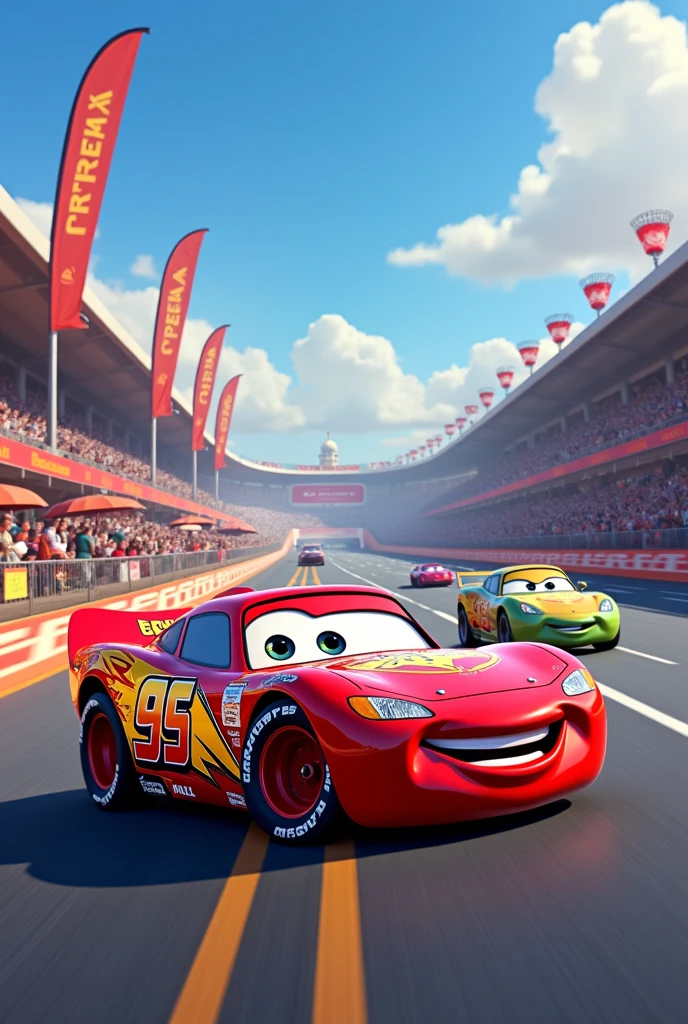 Create a Cars-style ad with the words CREPAS A LOS PITS