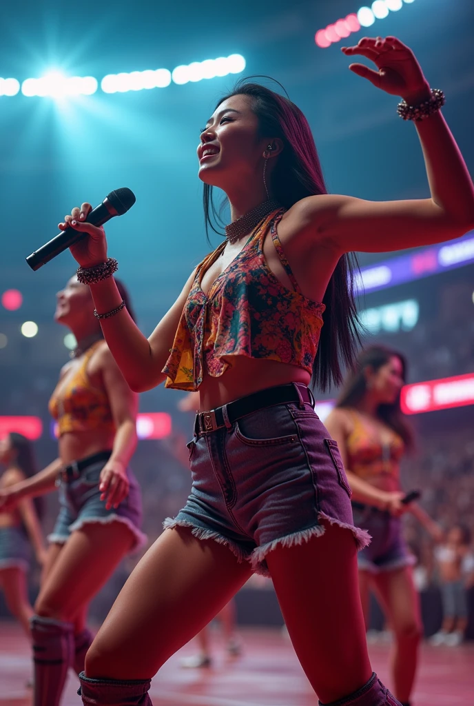 multi zoom up angle,realistic,8k,Beautiful multiple dark hiphop asian dance team girls, rock dancers estilo love dance team live, dancing and singing for her fans at the stadium