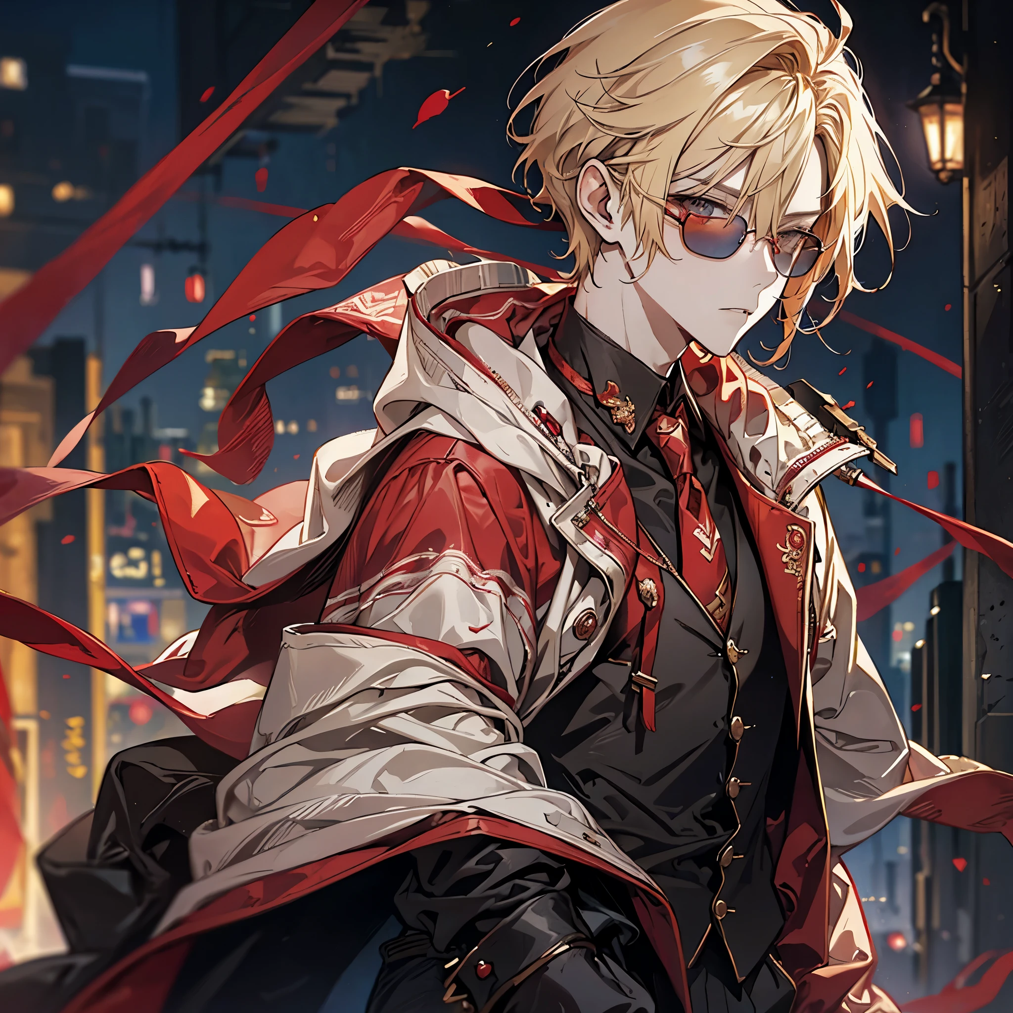 Man, red hoodie, tuxedo under hoodie, tie, blonde, cool, handsome, facing forward, red sunglasses, Fantasy outfit, dark street background, tan skin
