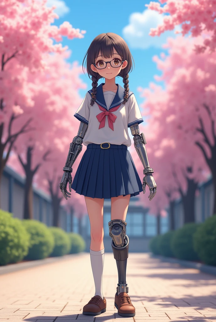 Korean young girl with brown eyes, eye glasses, with light pink and light purple braided short pigtails. Mechanical prosthetic right hand and mechanical prosthetic left leg. Wearing a Schoolgirl uniform with short skirt and brown shoes. Full body