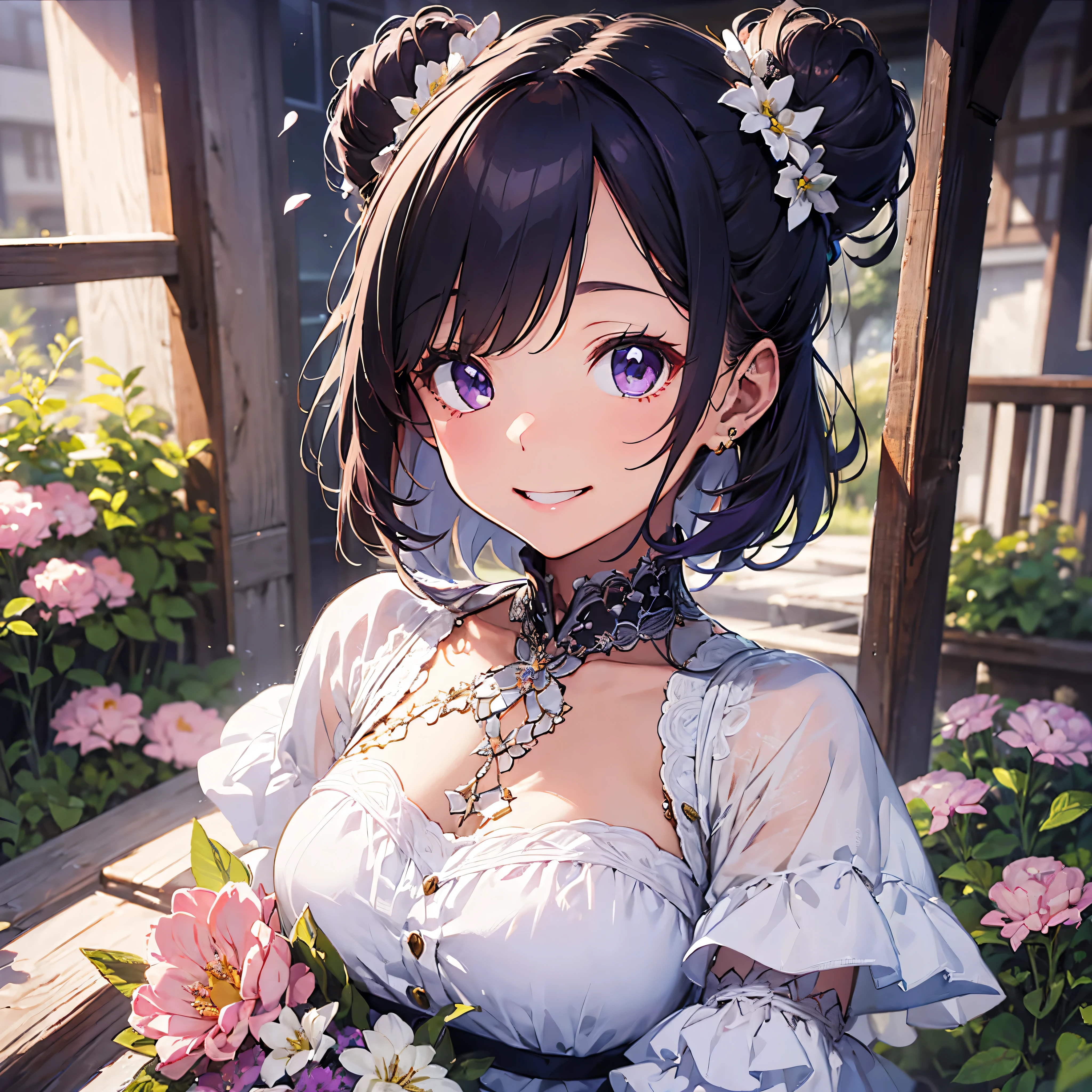 masterpiece、high detail girl（（solo、Beautiful girl、dress、Hair accessories with attention to detail、Hair is tied））、Purple Hair、good、Close one eye、Wink、Short Bob、Transcendent smile、smile、background((Awesome wedding))、Shining Flower Field、Diamond Flower、Precious stones、Item List