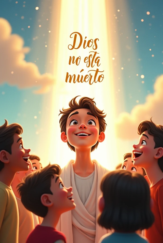 Young and handsome God, with a white light background, stars and children worshiping him and with a word at the top saying "God is not dead" in Spanish in italics and the whole photo in Pixar style