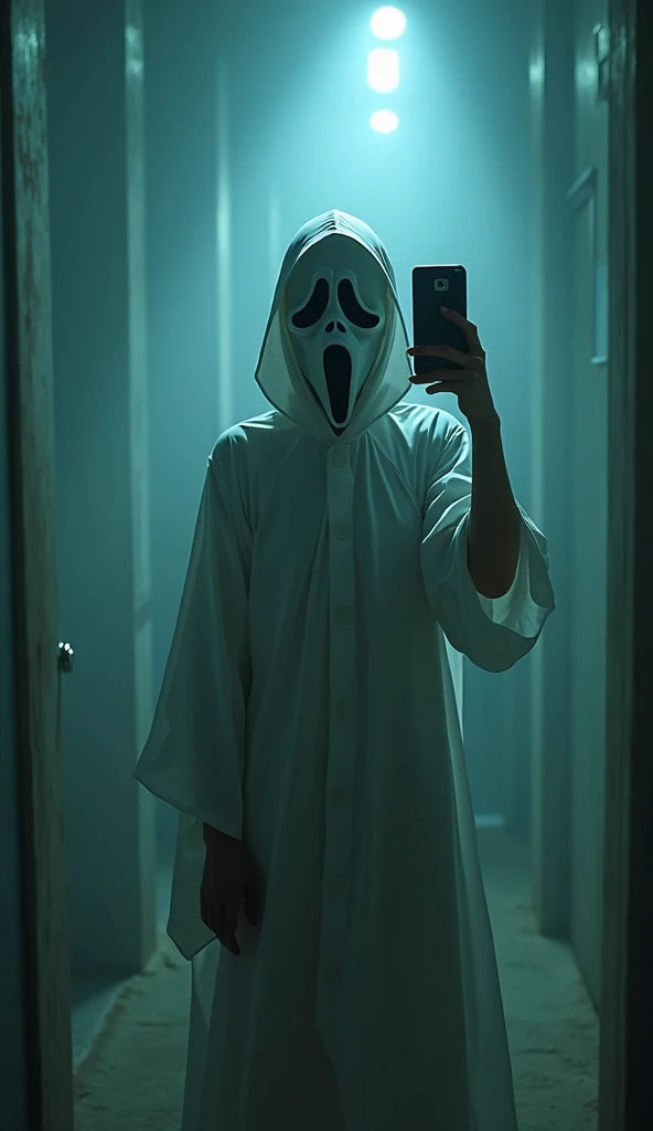 young, costume, scream mask, vape, in it, cool, selfie, White tunica