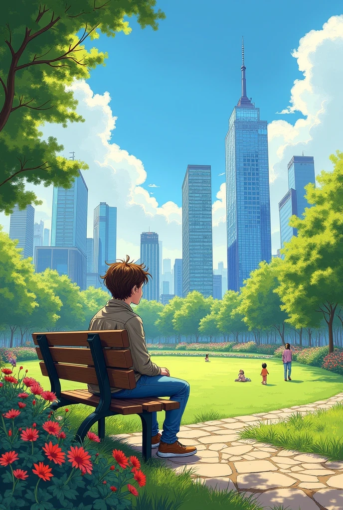 Sketch of a drawing of a person sitting on a bench in an urban park. The person measures 1.Approximately 70m for the view to be lateral