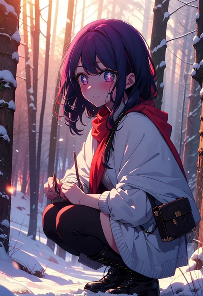 aihoshino, Ai Hoshino, Long Hair, bangs, (Purple eyes:1.1), Purple Hair, (Symbol-shaped pupil:1.5), smile,,smile,blush,white breath,
Open your mouth,snow,Ground bonfire, Outdoor, boots, snowing, From the side, wood, suitcase, Cape, Blurred, , forest, White handbag, nature, Squat, Mouth closed, Cape, winter, Written boundary depth, Black shoes, red Cape break looking at viewer, Upper Body, whole body, break Outdoor, forest, nature, break (masterpiece:1.2), Highest quality, High resolution, unity 8k wallpaper, (shape:0.8), (Beautiful and beautiful eyes:1.6), Highly detailed face, Perfect lighting, Extremely detailed CG, (Perfect hands, Perfect Anatomy),