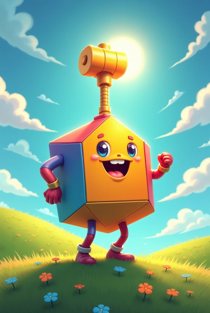 Hexagon with arms and legs, with the flat part having a golden hammer on top of its head