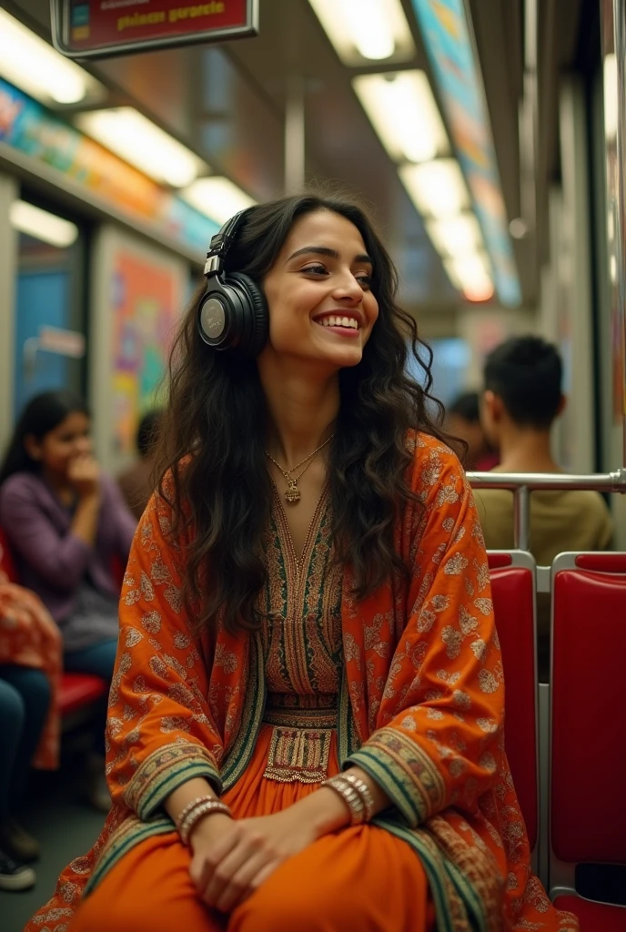 persian girl with headphones enjoying music. She is 20 years old, sitting in a train, wearing half indian half modern clothes, big breasts