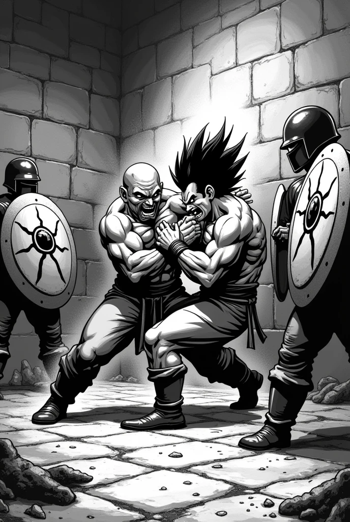 Une cellule de prison en noir et blanc style bande dessinée dragon ball avec 2 détenus qui se battent et les surveillants en boucliers qui tentent de les arrêter donc mets du sang et de la violence dans l’image 