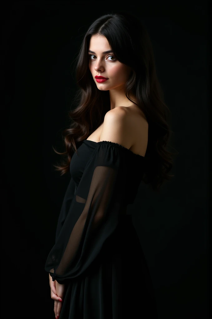 ( masterpiece,black background :1.5) , 8k , (atmospheric depth:1.2) , (vivid illuminlation:1.2) , (enchanting elegance:1.2) , A brunette girl with soft, loose black hair, black eyes, red lips, a black dress, and side cinema lighting. portrait ,