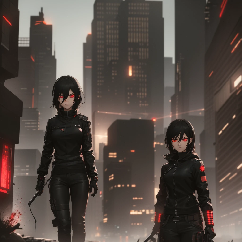 Black drift car in dystopian cyberpunk city, low light, mild colors, in the background anime girl with blade, red eyes, revenge, angry, blood