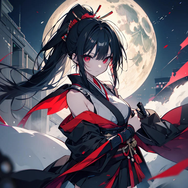 1 person、Mature、Ample breasts、Long Hair、ponytail、Black Hair、Red Eyes、Trimmed bangs、Hime cut、Ninja、Kunoichi、kimono、Shoulder Bare、Armament、Miniskirt、Arm Covers、One hand is a prosthetic.、Battle Scenes、Use a sword、Blood splatter、Downtown、Moonlit Night、High resolution、Highest quality