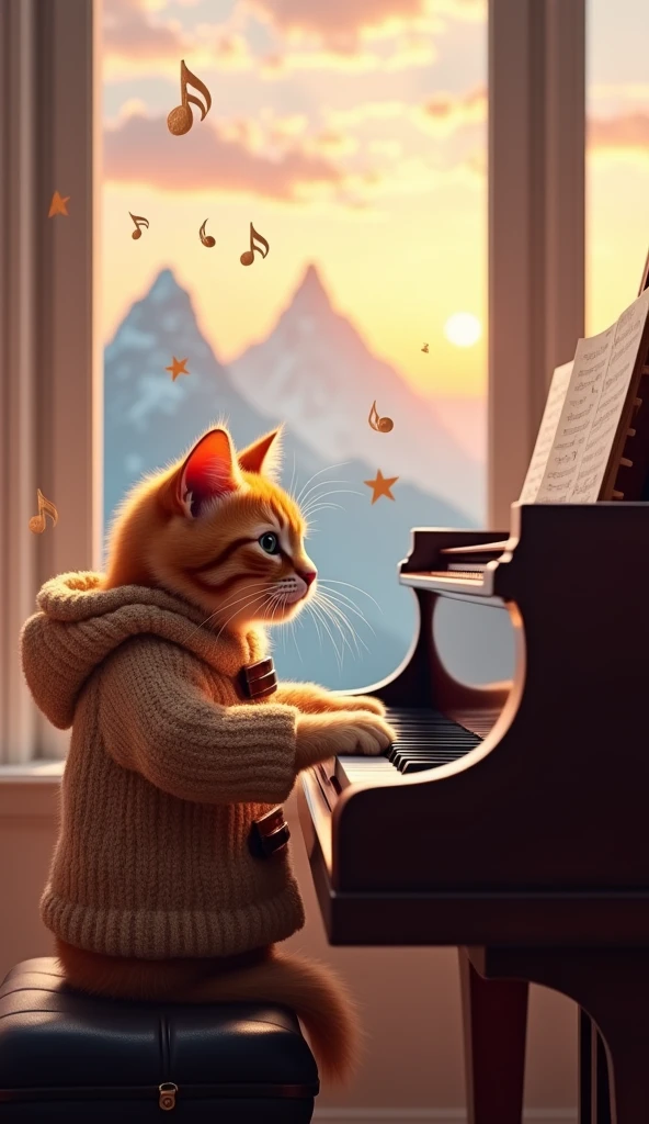 Orange cat playing piano in front of a window overlooking the dream mountain,He is wearing a warm jacket ,He is a piano-playing cat...