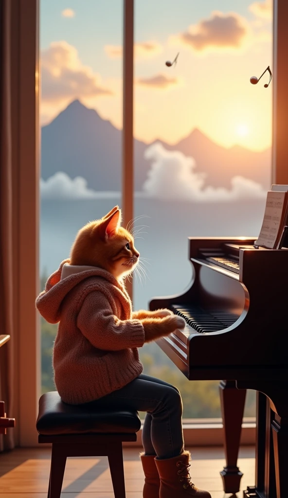 Orange cat playing piano in front of a window overlooking the dream mountain,He is wearing a warm jacket ,He is a piano-playing cat...