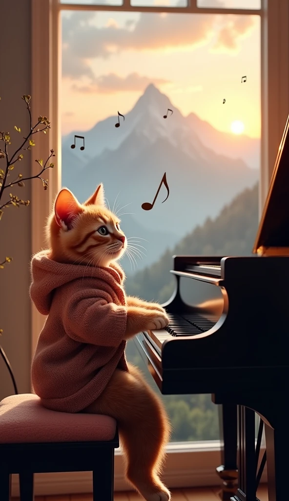 Orange cat playing piano in front of a window overlooking the dream mountain,He is wearing a warm jacket ,He is a piano-playing cat...